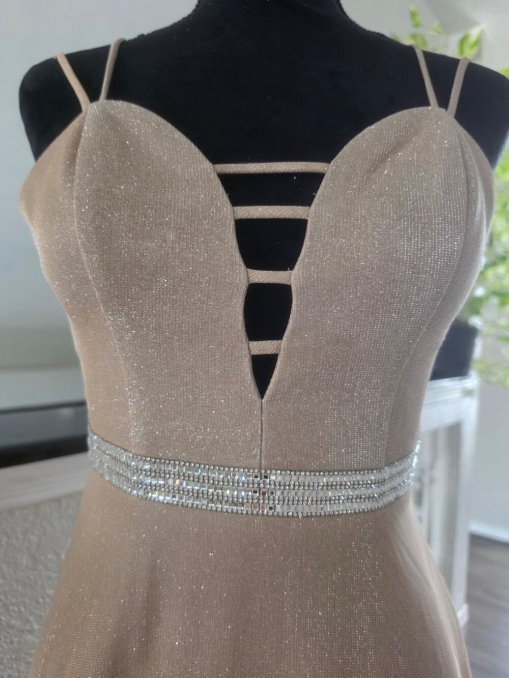 CITY TRIANGLES Gold Glitter Formal Gown W/Strappy Bodice & Rhinestone Waist - Picture 5 of 14